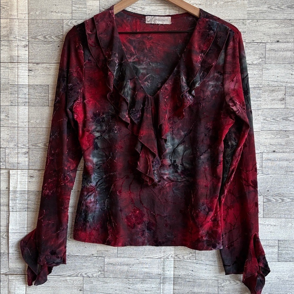 Vintage Velvet Burnout Ruffle Shirt‎ Gothic Siren Vamp Grunge Fairy womens Large